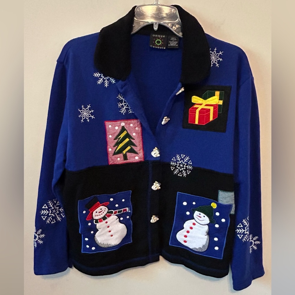 Ugly Christmas Sweater Vintage Holiday Cardigan Size Large‎ Snowman Buttons